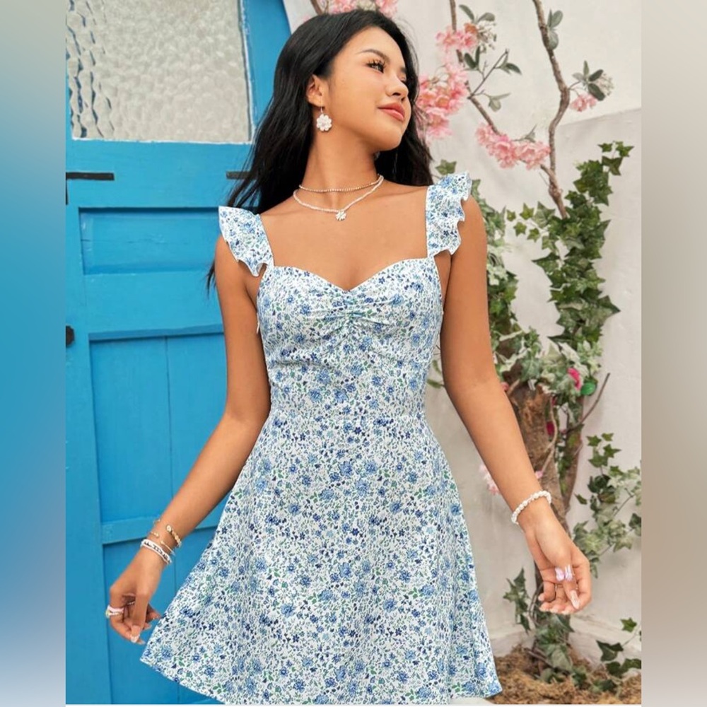 SHEIN Soleia Open Back Strap and Cap Sleeve Floral Dress- S/US 4
